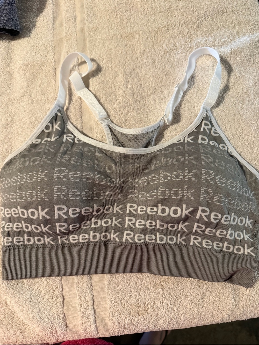 Reebok Grey Branded Racerback Sports Bra with White Trim